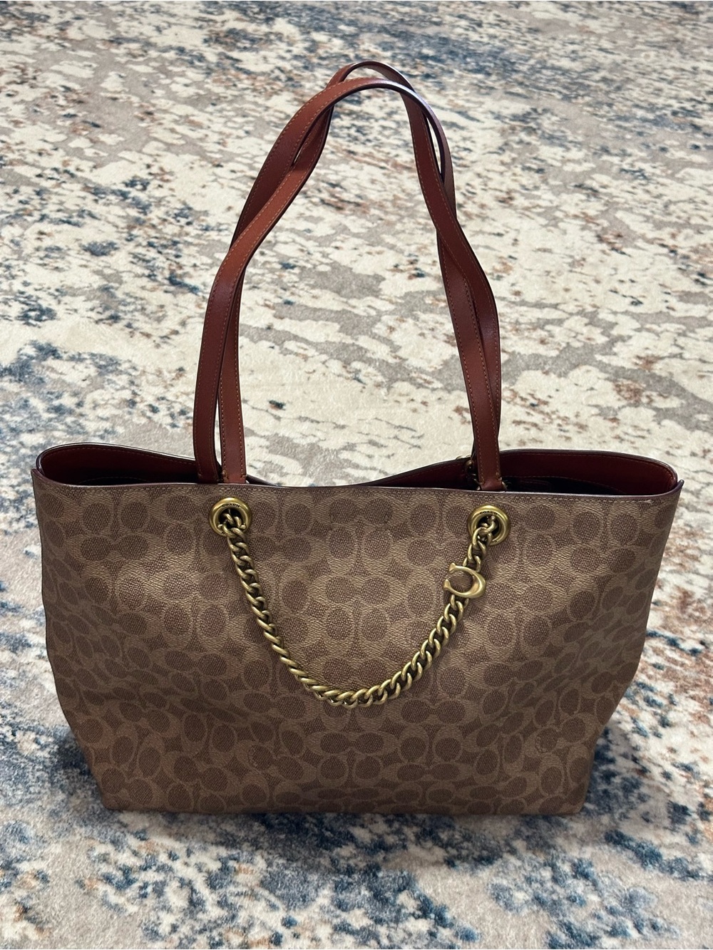 Coach Signature Canvas Tote with Leather Straps and Gold Chain